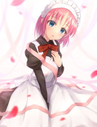 Rule 34 | 1girl, :o, apron, black dress, blue eyes, blush, bow, bowtie, commentary, dress, hand on own chest, head tilt, highres, hisui (tsukihime), itsuka neru, juliet sleeves, long sleeves, looking at viewer, maid, maid apron, maid headdress, petals, pink hair, pink ribbon, puffy sleeves, red bow, ribbon, short hair, sitting, solo, tsukihime, valentine, white apron, white background