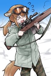 Rule 34 | &gt; &lt;, 1girl, absurdres, animal ears, brown eyes, brown hair, fox ears, fox girl, fox girl (yihan1949), fox tail, goggles, goggles on head, gun, highres, holding, holding weapon, military uniform, original, ponytail, rifle, scope, sniper rifle, solo, tail, uniform, weapon, yihan1949