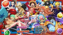Rule 34 | 3girls, 6+boys, :3, angel wings, attack, black hair, blonde hair, blue eyes, breasts, brook (one piece), closed eyes, dress, earrings, eyelashes, facial scar, franky (one piece), green hair, happy, hat, holding, holding sword, holding weapon, jewelry, jinbe (one piece), jumping, katana, large breasts, large pectorals, long hair, monkey d. luffy, multicolored hair, multiple boys, multiple girls, muscular, nami (one piece), nico robin, official art, one eye closed, one piece, one piece: film red, open mouth, pectorals, promotional art, punching, puzzle &amp; dragons, roronoa zoro, sanji (one piece), scar, scar on cheek, scar on face, serious, short hair, shoulder tattoo, skeleton, smile, straw hat, straw hat pirates, sunglasses on head, sword, tattoo, tony tony chopper, two-tone hair, usopp, uta (one piece), weapon, white dress, wings