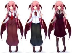 Rule 34 | 1girl, black dress, black skirt, blush, breasts, clenched hand, collared shirt, commentary request, demon wings, dress, full body, green skirt, head wings, koakuma, large breasts, light smile, long hair, long skirt, long sleeves, looking at viewer, necktie, pandamonium, pantyhose, pink hair, pout, red eyes, red necktie, shirt, simple background, skirt, standing, touhou, variations, very long hair, white background, wing collar, wings