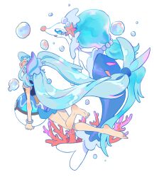 Rule 34 | 1girl, aqua hair, barefoot, bikini, blue eyes, blue headwear, bubble, coral, creatures (company), game freak, gen 7 pokemon, hat, hatsune miku, highres, holding, inflatable toy, long hair, looking at viewer, nintendo, oe (yamifuti), open mouth, poke ball, pokemon, pokemon (creature), primarina, project voltage, simple background, swimsuit, tan, twintails, very long hair, visor cap, vocaloid, water miku (project voltage), white background