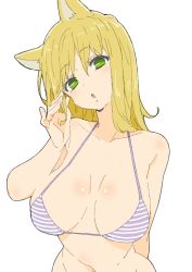 Rule 34 | 1girl, absurdres, animal ears, bad id, bad twitter id, bare arms, bare shoulders, bikini, blonde hair, blue bikini, breasts, breasts apart, donguri suzume, green eyes, hair between eyes, head tilt, highres, horizontal pupils, large breasts, long hair, looking at viewer, mole, navel, parted lips, simple background, solo, striped bikini, striped clothes, swimsuit, upper body, white background