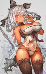 Rule 34 | 1girl, animal ears, black thighhighs, breasts, chemise, cleavage, grey hair, highres, holding, large breasts, licking lips, looking at viewer, medium hair, original, panties, red eyes, red ribbon, ribbon, shadow, solo, sparkle, tan, thighhighs, tongue, tongue out, underwear, voruvoru, white chemise, white panties