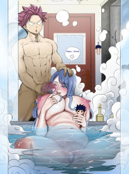 Rule 34 | 1boy, 1girl, abs, bare shoulders, bath, bathing, bathroom, bathtub, biceps, blue eyes, blue hair, breasts, censored, cleavage, completely nude, fairy tail, fellatio, hand on another&#039;s head, hand on own penis, hand on penis, hetero, highres, huge breasts, juvia lockser, kimkun0162, large areolae, large breasts, long hair, muscular, muscular arms, muscular male, natsu dragneel, netorare, nipples, nude, open mouth, oral, pectorals, penis, penis on face, pink hair, pussy, spiked hair, spread legs, wet, wet breasts