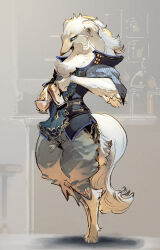 Rule 34 | 1boy, animal ears, barefoot, barista, blue jacket, blue sclera, body fur, borzoi, brown background, colored sclera, commentary, cup, digitigrade, dog boy, dog ears, dog tail, english commentary, from side, full body, furry, furry male, grey pants, half-closed eyes, highres, holding, holding cup, holding kettle, indoors, jacket, legs together, looking at viewer, male focus, murayama ryota, original, pants, solo, standing, tail, teacup, white fur, yellow eyes