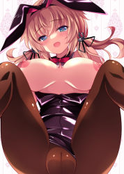 Rule 34 | 1girl, alternate costume, animal ears, aqua eyes, bad id, bad pixiv id, black leotard, blonde hair, breasts, breasts out, brown pantyhose, detached collar, fake animal ears, heart, heart-shaped pupils, ichiyou moka, kantai collection, large breasts, leotard, long hair, low twintails, nipples, pantyhose, playboy bunny, prinz eugen (kancolle), rabbit ears, rabbit tail, solo, strapless, strapless leotard, symbol-shaped pupils, tail, twintails