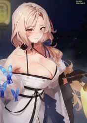 Rule 34 | 1girl, bare shoulders, black gloves, blonde hair, blue ribbon, blush, breasts, cleavage, closed mouth, coat, collarbone, fur-trimmed coat, fur-trimmed kimono, fur trim, gloves, goddess of victory: nikke, hair ribbon, highres, japanese clothes, kimono, large breasts, long hair, ludmilla (nikke), ludmilla (winter owner) (nikke), night, official alternate costume, orange eyes, parted bangs, ribbon, smile, solo, twitter username, white kimono, xunue3