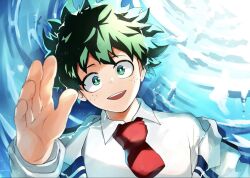 Rule 34 | 1boy, afloat, blazer, bloom, blurry, blurry foreground, boku no hero academia, bright pupils, collared shirt, commentary request, depth of field, double horizontal stripe, dutch angle, freckles, green eyes, green hair, grey jacket, hand up, happy, jacket, lapels, light, long sleeves, looking at viewer, male focus, midoriya izuku, muginome (bakuga chan2), necktie, notched lapels, off shoulder, open clothes, open hand, open jacket, open mouth, outstretched arm, outstretched hand, partial commentary, partially submerged, reaching, reaching towards viewer, red necktie, ripples, school uniform, shirt, short hair, smile, solo, straight-on, teeth, u.a. school uniform, upper body, upper teeth only, water, wet, wet clothes, white pupils, white shirt, wing collar