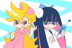 Rule 34 | 10s, 2girls, bespectacled, blonde hair, blue hair, blunt bangs, commentary request, earrings, eyelashes, glasses, grin, hand on own hip, jewelry, kurabayashi aya, lab coat, long hair, looking at viewer, multicolored hair, multiple girls, nail polish, necktie, official style, panty &amp; stocking with garterbelt, panty (psg), parted lips, pink hair, purple-framed eyewear, red-framed eyewear, red nails, siblings, sisters, smile, stocking (psg), syringe, teeth, two-tone hair, upper body