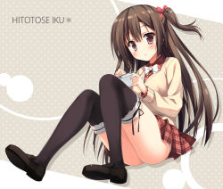Rule 34 | 1girl, black thighhighs, blush, bow, brown hair, hair bow, loafers, long hair, long sleeves, looking at viewer, original, plaid, plaid skirt, red eyes, saeki nao, school uniform, shoes, side ponytail, skirt, solo, thighhighs