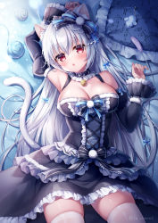 Rule 34 | 1girl, animal ear fluff, animal ears, armpits, bare shoulders, black dress, bow, cat ears, cat girl, cat tail, detached sleeves, dress, frilled dress, frills, hair bow, highres, juliet sleeves, long hair, long sleeves, looking at viewer, lying, mitsuba choco, on back, original, parted lips, puffy sleeves, red eyes, solo, tail, thighhighs, very long hair, white hair, white thighhighs, yarn, yarn ball, zettai ryouiki
