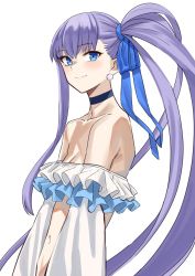 Rule 34 | 1girl, asymmetrical hair, bare shoulders, bikini, blue eyes, blue ribbon, blush, breasts, choker, closed mouth, collarbone, earrings, fate/grand order, fate (series), frilled bikini, frills, hair ribbon, highres, jewelry, long hair, long sleeves, looking at viewer, meltryllis, meltryllis (fate), meltryllis (swimsuit lancer) (fate), meltryllis (swimsuit lancer) (third ascension) (fate), michihasu, navel, puffy sleeves, purple hair, ribbon, side ponytail, simple background, sleeves past fingers, sleeves past wrists, small breasts, smile, swimsuit, very long hair, white background, white bikini, white ribbon