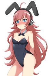 Rule 34 | 1girl, absurdres, ahoge, animal ears, arms behind back, baek hyang&#039;geum, bang dream!, bare legs, black leotard, blue eyes, blush, bow, bowtie, breasts, cleavage, detached collar, embarrassed, fake animal ears, headphones, highres, leotard, long hair, medium breasts, nose blush, playboy bunny, rabbit ears, rabbit tail, red hair, simple background, solo, standing, tail, tamade chiyu, white background