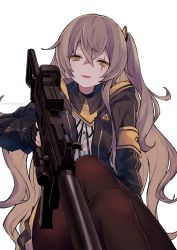 Rule 34 | 1girl, :d, aiming, aiming at viewer, artist name, black jacket, black pantyhose, brown eyes, brown hair, brown pantyhose, crossed legs, dated, dress shirt, fingerless gloves, girls&#039; frontline, gloves, gun, h&amp;k ump, hair between eyes, hair ornament, head tilt, holding, holding gun, holding weapon, jacket, long hair, looking at viewer, mimelond, multiple girls, name connection, object namesake, one side up, open clothes, open jacket, open mouth, pantyhose, scar, scar across eye, scar on face, shirt, simple background, sitting, skirt, smile, solo, submachine gun, ump45 (girls&#039; frontline), very long hair, weapon, white background, white shirt, yellow eyes