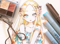 Rule 34 | 1girl, abigail williams (fate), art tools in frame, bare shoulders, black bow, blonde hair, blue dress, blue eyes, bow, collarbone, dress, fate/grand order, fate (series), forehead, hair bow, highres, long hair, looking at viewer, orange bow, parted bangs, parted lips, photo (medium), signature, sleeveless, sleeveless dress, sofra, solo, strap slip, traditional media, upper body, v arms