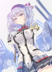 Rule 34 | 10s, 1girl, beret, blue eyes, breasts, buttons, cannon, epaulettes, female focus, frilled sleeves, frills, gloves, hair ribbon, hat, jacket, kantai collection, kashima (kancolle), kerchief, large breasts, long hair, looking down, machinery, md5 mismatch, miniskirt, pleated skirt, ribbon, sidelocks, silver hair, skirt, solo, tsurime, turret, twintails, uniform, wavy hair, yahako