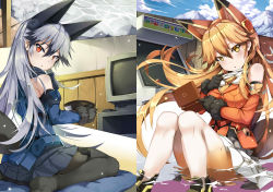Rule 34 | 10s, 2girls, absurdres, alternate legwear, animal ears, arcade cabinet, black gloves, blue jacket, blush, bowl, breasts, brown hair, cloud, commentary request, cushion, day, extra ears, ezo red fox (kemono friends), floating hair, fox ears, fox tail, from side, fur trim, gloves, grey hair, hair between eyes, hair flaps, handheld game console, highres, holding, holding bowl, indoors, jacket, japari symbol, kemono friends, knees together feet apart, large breasts, long hair, looking at viewer, looking back, mecha musume, mechanical ears, medium breasts, miniskirt, mountain, multicolored hair, multiple girls, outdoors, pantyhose, parted lips, pleated skirt, red eyes, silver fox (kemono friends), sitting, skirt, sky, streaked hair, tail, television, thighhighs, tsurime, veranda, wariza, white legwear, white skirt, yellow eyes, zabuton, zelitto