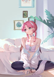 Rule 34 | 1girl, absurdres, acr (dash), arknights, bare shoulders, bed, bedroom, black legwear, blue eyes, blue poison (arknights), blue poison (shoal beat) (arknights), bra, braid, breasts, choker, cleavage, earrings, hairband, highres, indian style, indoors, jacket, jewelry, long sleeves, looking at viewer, looking away, looking to the side, medium hair, midriff, navel, o-ring, o-ring choker, off shoulder, official alternate costume, open clothes, open jacket, parted bangs, pink choker, pink hair, plant, single earring, sitting, small breasts, solo, sports bra, stomach, strap slip, twin braids, underwear, white bra, white jacket