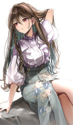 Rule 34 | 1girl, :o, backlighting, belt, brown hair, buttons, collared shirt, commentary request, crossed legs, green hair, green skirt, grey nails, highres, light blush, long hair, looking to the side, multicolored hair, nail polish, open mouth, original, print skirt, puffy sleeves, puracotte, purple shirt, red eyes, shirt, short sleeves, simple background, sitting, skirt, solo, two-tone hair, very long hair, watermark, white background
