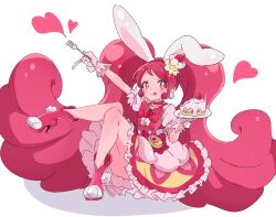 Rule 34 | 1girl, :p, absurdres, animal ears, big hair, blush, bow, cake, cake hair ornament, choker, cure whip, earrings, food, food-themed hair ornament, food-themed ornament, fork, frills, gloves, hair ornament, heart, highres, jewelry, kirakira precure a la mode, long hair, macaron hair ornament, magical girl, paw shoes, pink bow, pink choker, pink footwear, pink gloves, pink hair, pom pom (clothes), pom pom earrings, precure, puffy short sleeves, puffy sleeves, rabbit ears, red eyes, short sleeves, smile, solo, strawberry shortcake, tongue, tongue out, usami ichika, very long hair, white background, zuzuko
