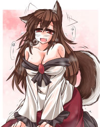 Rule 34 | 1girl, animal ears, breasts, brooch, brown eyes, brown hair, cleavage, ear wiggle, fang, female focus, gradient background, heavy breathing, imaizumi kagerou, jewelry, large breasts, long sleeves, mumumu, off shoulder, open mouth, shirt, sitting, skirt, smile, solo, sweat, tail, touhou, werewolf, wide sleeves, wolf ears, wolf tail