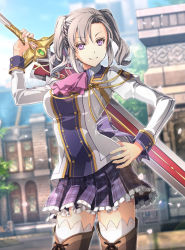 Rule 34 | 1girl, aurelia le guin, blue sky, boots, breasts, building, cherry blossoms, collared shirt, cross-laced footwear, day, eiyuu densetsu, enami katsumi, falcom, greatsword, hajimari no kiseki, hand on own hip, holding, holding sword, holding weapon, lace-up boots, large breasts, looking at viewer, military, purple eyes, school uniform, shirt, silver hair, skirt, sky, smile, sword, sword behind back, thighhighs, thighhighs under boots, twintails, weapon, aged down