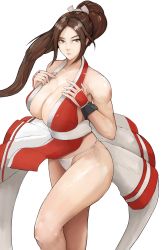 Rule 34 | 1girl, ahoge, breasts, brown eyes, brown hair, cleavage, closed mouth, collarbone, fatal fury, fingerless gloves, fundoshi, gloves, hair between eyes, highres, japanese clothes, kimono, large breasts, long hair, looking at viewer, memory342, obi, panties, ponytail, red kimono, sash, shiranui mai, simple background, solo, the king of fighters, thick thighs, thighs, underwear, upskirt, white background