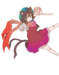 Rule 34 | 1girl, animal ears, bad id, bad pixiv id, brown hair, cat ears, cat tail, character name, chen, earrings, hat, jewelry, multiple tails, nekomata, osaname riku, scarf, short hair, sketch, solo, tail, tongue, tongue out, touhou