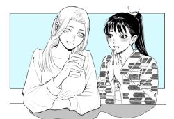 Rule 34 | 2girls, blue background, blush, character request, cup, dungeon meshi, genderswap, genderswap (mtf), greyscale with colored background, hand up, hands up, highres, holding, holding cup, japanese clothes, kimono, laios touden, long hair, long sleeves, looking at another, multiple girls, open mouth, own hands together, ponytail, puffy long sleeves, puffy sleeves, shurou, simple background, upper body, wide sleeves, yagasuri, yakifalin