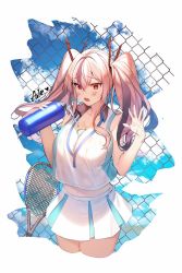 Rule 34 | 1girl, aile (crossroads), azur lane, bare shoulders, blue sky, blush, bottle, breasts, bremerton (azur lane), bremerton (scorching-hot training) (azur lane), chain-link fence, cleavage, cloud, collared shirt, commentary request, cowboy shot, crop top, crop top overhang, crossed bangs, fence, hair between eyes, hair ornament, headgear, heart, heart necklace, jewelry, large breasts, long hair, midriff, multicolored hair, navel, necklace, open hand, open mouth, outdoors, pink hair, pleated skirt, pouring, pouring onto self, racket, red eyes, shirt, skirt, sky, sleeveless, sleeveless shirt, solo, sportswear, streaked hair, tennis racket, tennis uniform, thighs, twintails, two-tone shirt, two-tone skirt, water, water bottle, x hair ornament