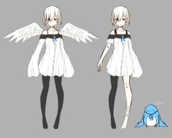 Rule 34 | 1girl, aoi thomas, asymmetrical legwear, asymmetrical sleeves, bandaged leg, bandages, barefoot, black pantyhose, blue ribbon, blush, brown eyes, closed mouth, collarbone, dress, eyes visible through hair, feathered wings, grey background, hair over one eye, highres, long sleeves, looking at viewer, multiple views, neck ribbon, no shoes, off-shoulder dress, off shoulder, original, pantyhose, ribbon, short hair, short sleeves, simple background, single leg pantyhose, sketch, sleeves past fingers, sleeves past wrists, stuffed animal, stuffed bird, stuffed toy, translation request, uneven legwear, uneven sleeves, white dress, white hair, white wings, wings