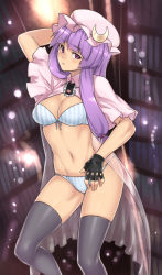 Rule 34 | 1girl, :&lt;, arm up, black thighhighs, blush, bra, breasts, cleavage, crescent, female focus, fingerless gloves, gloves, hat, highres, houtengeki, lingerie, long hair, looking at viewer, navel, nightgown, open clothes, panties, patchouli knowledge, purple eyes, purple hair, solo, striped bra, striped clothes, striped panties, thighhighs, toned, touhou, underwear
