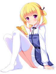 Rule 34 | 1girl, blonde hair, blue dress, blush, book, breasts, closed mouth, collared shirt, dress, full body, girlish number, highres, knees up, long sleeves, looking at viewer, no shoes, open book, purple eyes, shirt, short hair, simple background, sitting, small breasts, smile, socks, solo, sonou momoka, thighhighs, twintails, white background, white shirt, white socks, white thighhighs, yagami-all hail nanao