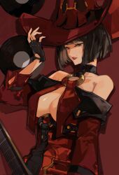 Rule 34 | 1girl, bare shoulders, black hair, blue eyes, breasts, cleavage, collarbone, fingerless gloves, found modori, gloves, guilty gear, guilty gear xrd, hat, heterochromia, highres, i-no, large breasts, lipstick, looking at viewer, makeup, mole, mole above mouth, mole under eye, o-ring, o-ring top, record, red background, red eyes, red hat, red lips, short hair, short sleeves, simple background, solo, witch hat