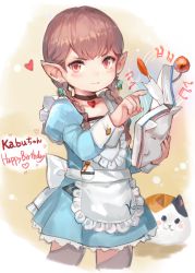 Rule 34 | 10s, 1girl, apron, book, braid, brown hair, cat, choker, earrings, fat cat (ff14), final fantasy, final fantasy xiv, happy birthday, heart, heart choker, jewelry, juliet sleeves, lalafell, long sleeves, maid, maid apron, momoko (momopoco), open book, pantyhose, pointy ears, puffy sleeves, red eyes, solo, twin braids, warrior of light (ff14)