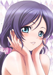 Rule 34 | 1girl, absurdres, argyle, argyle background, argyle clothes, blue eyes, completely nude, hair between eyes, hair ornament, head rest, highres, long hair, love live!, love live! school idol project, nanno koto, nude, page number, parted lips, portrait, purple hair, solo, toujou nozomi