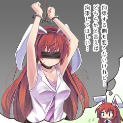 Rule 34 | 1girl, animal ears, armpits, arms up, bdsm, black eyes, black neckwear, blindfold, breasts, rabbit ears, choker, cleavage, cuffs, earrings, grey background, handcuffs, highres, jewelry, long hair, original, rabbit girl, red hair, ryogo, simple background, solo, thought bubble, translation request