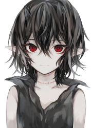 Rule 34 | 1girl, bare shoulders, black hair, black shirt, closed mouth, collarbone, commentary request, demon horns, earrings, eyebrows hidden by hair, hair between eyes, hasunokaeru, horns, jewelry, original, pointy ears, red eyes, shirt, simple background, sleeveless, sleeveless shirt, solo, stitches, upper body, white background