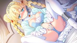 Rule 34 | 1girl, blonde hair, blue eyes, blush, braid, breasts, cleavage, covering privates, dress, earrings, game cg, himegoto union, himegoto union: we are in the springtime of life!, himeria la turion himeriel, jewelry, kawahara makoto, large breasts, legs, long hair, looking away, lots of jewelry, panties, sitting, solo, spread legs, sweat, takeya masami, thighhighs, thighs, underwear