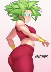 Rule 34 | 1girl, artist name, ass, bare shoulders, blue eyes, breasts, dragon ball, dragon ball super, earrings, flytrapxx, green hair, highres, jewelry, kefla (dragon ball), large breasts, looking at viewer, midriff, muscle, muscular, muscular female, pants, potara earrings, sleeveless, solo, spiked hair, thighs, tight clothes, tight pants