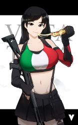 Rule 34 | 1girl, asymmetrical gloves, bare shoulders, benelli armi spa, benelli m4 super 90, black gloves, black hair, black skirt, black thighhighs, breasts, brown eyes, cheese, cheese trail, cleavage, combat shotgun, commentary, cowboy shot, crop top, eating, elbow gloves, english commentary, final fantasy, final fantasy vii, final fantasy vii remake, fingerless gloves, flag print, food, gloves, gun, hand up, highres, holding, holding food, holding gun, holding pizza, holding weapon, italian flag, italian senate porn livestream (meme), large breasts, long hair, looking at viewer, meme, midriff, miniskirt, mismatched gloves, navel, pizza, pizza slice, pleated skirt, pouch, pump-action shotgun, pump action, semi-automatic firearm, semi-automatic shotgun, shotgun, single fingerless glove, skirt, solo, sports bra, square enix, suspender skirt, suspenders, swept bangs, tank top, thighhighs, tifa lockhart, variasii, weapon, zettai ryouiki