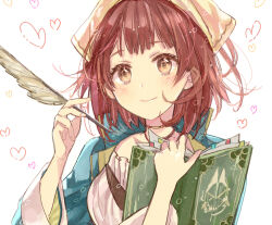Rule 34 | 1girl, atelier (series), atelier sophie, blush, book, bookmark, brown eyes, closed mouth, hani (udauda), head scarf, heart, holding, holding book, holding quill, long sleeves, looking at viewer, open book, plachta, quill, short hair, simple background, smile, solo, sophie neuenmuller, upper body, white background, white headwear
