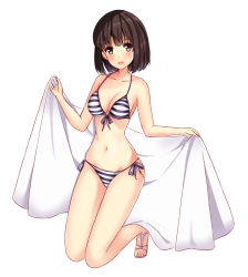 Rule 34 | 1girl, bikini, breasts, brown eyes, brown hair, front-tie top, frontera, full body, katou megumi, kneeling, large breasts, looking at viewer, open mouth, saenai heroine no sodatekata, sarong, short hair, side-tie bikini bottom, simple background, solo, striped bikini, striped clothes, swimsuit, white background