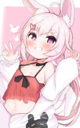 Rule 34 | 1girl, ahoge, animal ear fluff, animal ears, arms up, blush, breasts, rabbit ears, camisole, choker, cleavage, commentary request, crop top, grin, hair ornament, hairclip, jacket, long hair, navel, off shoulder, open clothes, open jacket, pink background, pink eyes, pink hair, red camisole, simple background, small breasts, smile, solo, tomari mari, tomari mari channel, v, virtual youtuber, white jacket, yinpa (wanone500511)