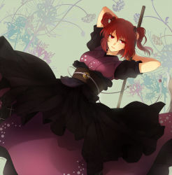 Rule 34 | 1girl, alternate color, blush, breasts, female focus, hair bobbles, hair ornament, japanese clothes, medium breasts, milcho, obi, onozuka komachi, plant, red eyes, red hair, sash, scythe, short hair, skirt, smile, solo, touhou, twintails, two side up
