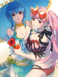 Rule 34 | 2girls, ass, bare shoulders, bikini, blue hair, blush, breasts, brown eyes, butt crack, cleavage, cup, drinking glass, female focus, fire emblem, fire emblem: three houses, from above, from behind, grin, half updo, highres, hilda valentine goneril, holding, holding cup, holding umbrella, large breasts, long hair, looking at viewer, looking back, looking up, marianne von edmund, multiple girls, nintendo, parasol, pink hair, red eyes, sarong, shiny skin, shiroi (shiroicbe), sideboob, smile, sunglasses, sunglasses on head, swimsuit, twintails, umbrella, very long hair