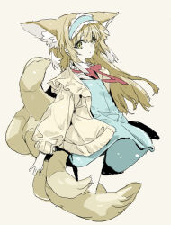 Rule 34 | 1girl, animal ear fluff, animal ears, arknights, blonde hair, blue dress, bow, bowtie, cropped legs, dress, fox ears, fox girl, fox tail, frilled hairband, frills, green eyes, hairband, highres, jacket, long hair, long sleeves, looking at viewer, looking to the side, multiple tails, nobita (makoto7060355), open clothes, open jacket, simple background, solo, suzuran (arknights), suzuran (spring praise) (arknights), tail, white background, wind, yellow jacket