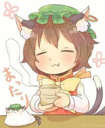 Rule 34 | 1girl, :3, = =, animal ears, bow, bowtie, brown hair, cat ears, cat tail, chen, closed eyes, closed mouth, commentary, dress, earrings, fang, fang out, food, green hat, hat, holding, ibaraki natou, jewelry, long sleeves, mob cap, mochi, multiple tails, nekomata, red dress, short hair, single earring, solo, tail, touhou, twitter username, two tails, wagashi, yellow bow, yellow bowtie