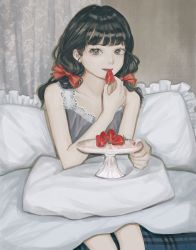 Rule 34 | 1girl, bad id, bad twitter id, black hair, bow, curtains, dress, feet out of frame, food, fruit, grey dress, grey eyes, hair bow, holding, holding food, indoors, long hair, looking at viewer, nail polish, original, parted lips, pillow, red bow, red nails, shadow, smile, solo, strawberry, utsuwa0120