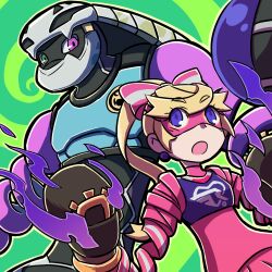 Rule 34 | 1boy, 1girl, arms (game), arms up, blonde hair, blue eyes, domino mask, green background, green eyes, helmet, heterochromia, hitohito, kid cobra, looking at another, lowres, mask, nintendo, open mouth, purple eyes, ribbon girl (arms), upper body